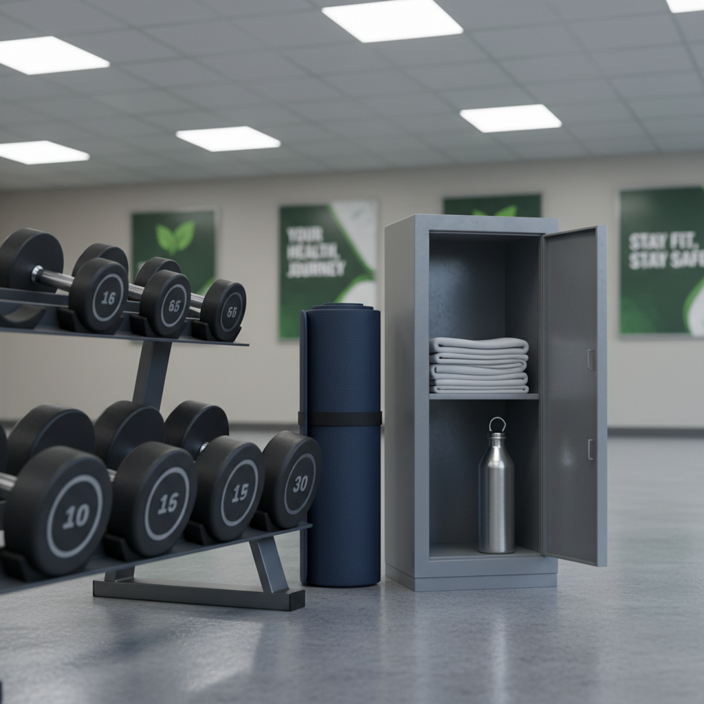 A meticulously maintained truck stop wellness corner featuring a solid rubber dumbbell set, a neatly rolled navy-blue exercise mat, and a small open locker with fresh folded towels and a reusable water bottle. The equipment sits on spotless, lightly textured gray flooring in a quiet corner of a modern rest facility. Overhead LED panel lights provide even, neutral-white illumination, creating crisp, professional-looking shadows and subtle reflections on the metal locker surfaces. Photographed at eye level in photographic realism, with sharp focus throughout to emphasize cleanliness and order. The background shows softly blurred signage about health and safety mounted on a neutral wall. The mood is supportive and energizing, conveying that truck drivers have access to resources for staying healthy on the road.
