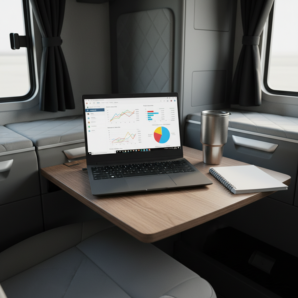 An organized, modern trucker workstation built into a sleeper cab, featuring a matte black laptop open to a financial planning dashboard, a neat spiral notebook, and a stainless-steel travel mug with a brushed finish. All are arranged on a fold-out woodgrain desk integrated into the truck interior, surrounded by soft gray upholstery and tidy storage compartments. Diffused daylight filters through a side window with a pulled-back blackout curtain, creating gentle highlights on the laptop keys and subtle shadows in the corners. Captured in photographic realism from a slightly elevated angle, the composition uses the rule of thirds to draw the eye to the screen and writing tools. The mood is calm, focused, and encouraging, highlighting resources that help truck drivers thrive off the road.